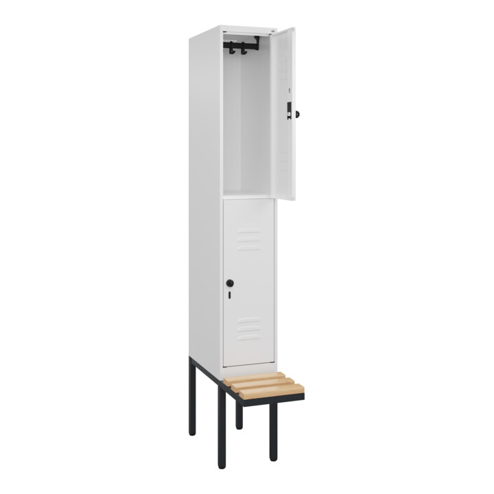 C+P Doppelstock-Spind Classic PLUS, Bank, 1 Abteil, 2120x300x815mm, 9016/9016 Verschluss Sicherheits-Drehriegel Sitzbanktyp auskragend Material Sitzfläche Buche-Hartholz