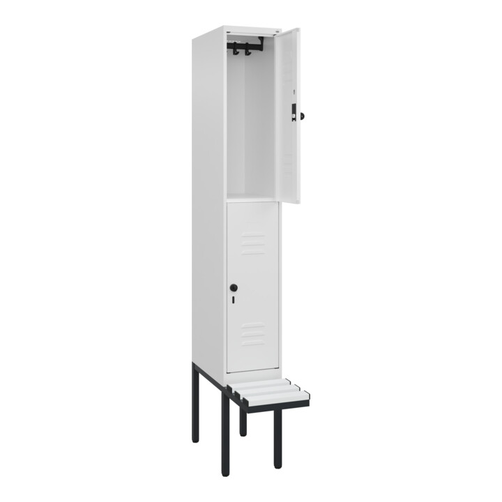 C+P Doppelstock-Spind Classic PLUS, Bank, 1 Abteil, 2120x300x815mm, 9016/9016 Verschluss Sicherheits-Drehriegel Sitzbanktyp auskragend Material Sitzfläche Kunststoff