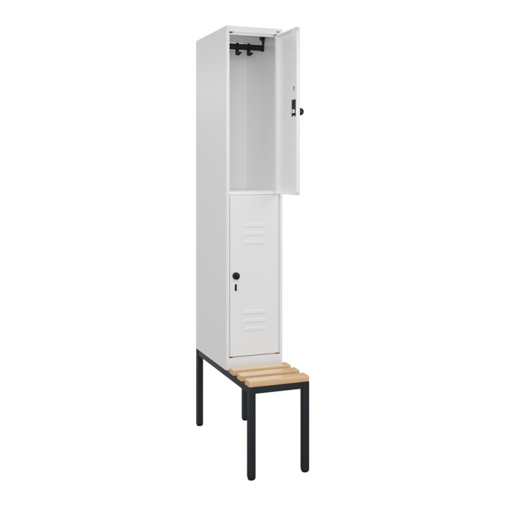 C+P Doppelstock-Spind Classic PLUS, Bank, 1 Abteil, 2120x300x815mm, 9016/9016 Verschluss Sicherheits-Drehriegel Sitzbanktyp untergebaut Material Sitzfläche Buche-Hartholz