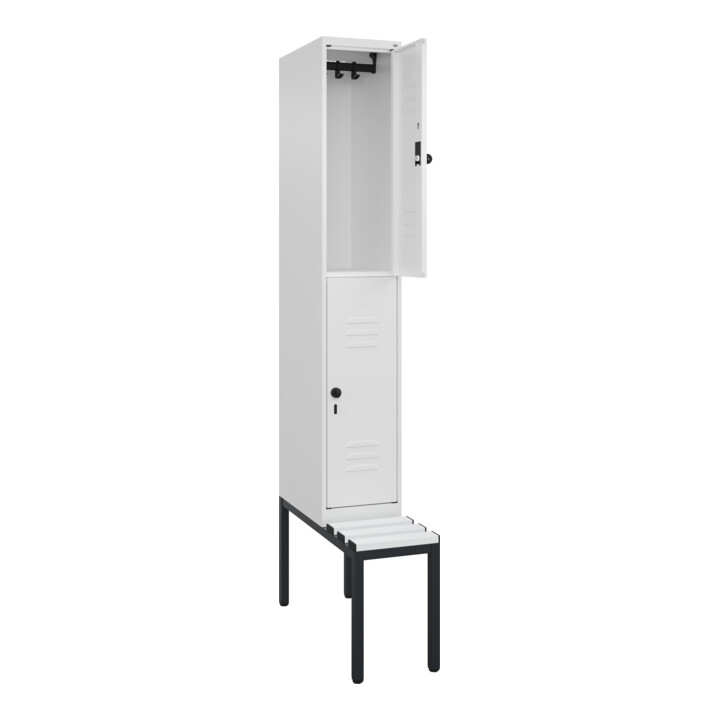 C+P Doppelstock-Spind Classic PLUS, Bank, 1 Abteil, 2120x300x815mm, 9016/9016 Verschluss Sicherheits-Drehriegel Sitzbanktyp untergebaut Material Sitzfläche Kunststoff