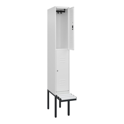 C+P Doppelstock-Spind Classic PLUS, Bank, 1 Abteil, 2120x300x815mm, 9016/9016 Verschluss Zylinderschloss Sitzbanktyp auskragend Material Sitzfläche Kunststoff