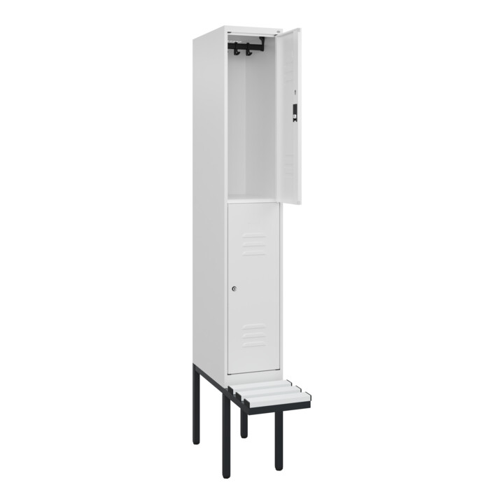 C+P Doppelstock-Spind Classic PLUS, Bank, 1 Abteil, 2120x300x815mm, 9016/9016 Verschluss Zylinderschloss Sitzbanktyp auskragend Material Sitzfläche Kunststoff