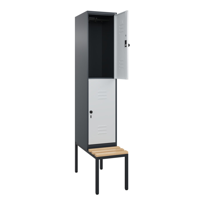 C+P Doppelstock-Spind Classic PLUS, Bank, 1 Abteil, 2120x400x815mm, 7016/7035 Verschluss Sicherheits-Drehriegel Sitzbanktyp untergebaut Material Sitzfläche Buche-Hartholz