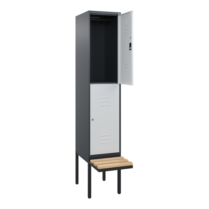 C+P Doppelstock-Spind Classic PLUS, Bank, 1 Abteil, 2120x400x815mm, 7016/7035 Verschluss Zylinderschloss Sitzbanktyp auskragend Material Sitzfläche Buche-Hartholz