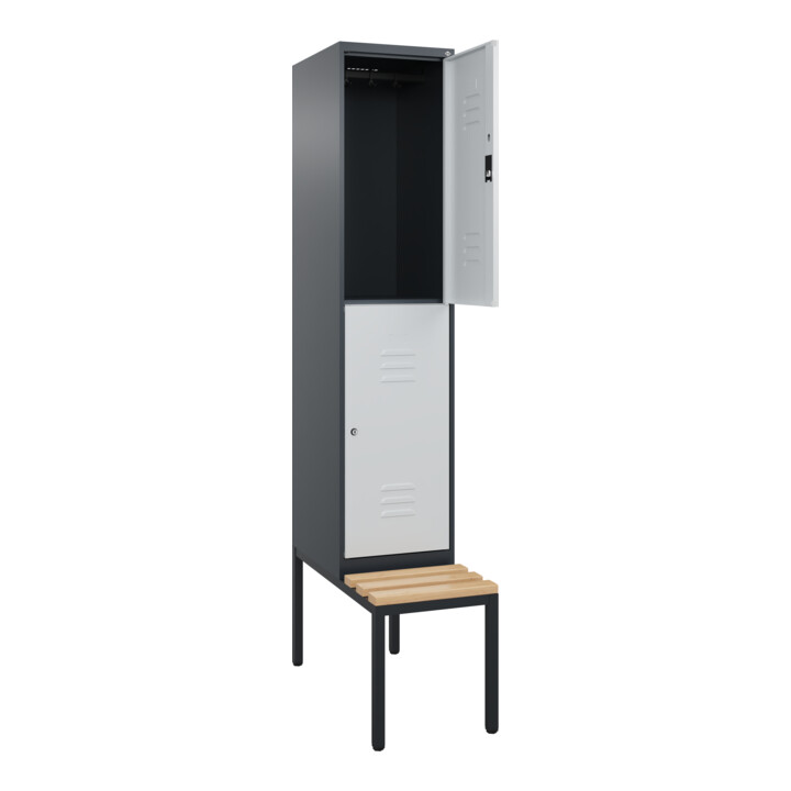 C+P Doppelstock-Spind Classic PLUS, Bank, 1 Abteil, 2120x400x815mm, 7016/7035 Verschluss Zylinderschloss Sitzbanktyp untergebaut Material Sitzfläche Buche-Hartholz