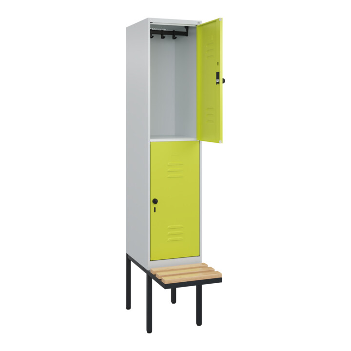 C+P Doppelstock-Spind Classic PLUS, Bank, 1 Abteil, 2120x400x815mm, 7035/0024 Verschluss Sicherheits-Drehriegel Sitzbanktyp auskragend Material Sitzfläche Buche-Hartholz
