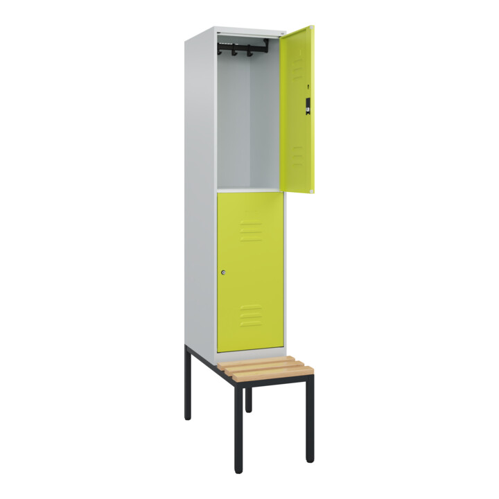 C+P Doppelstock-Spind Classic PLUS, Bank, 1 Abteil, 2120x400x815mm, 7035/0024 Verschluss Zylinderschloss Sitzbanktyp untergebaut Material Sitzfläche Buche-Hartholz