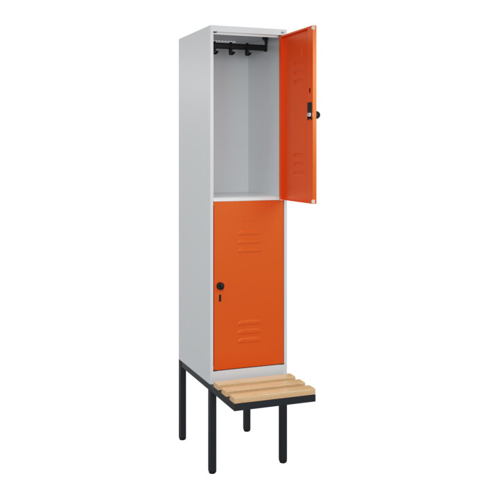 C+P Doppelstock-Spind Classic PLUS, Bank, 1 Abteil, 2120x400x815mm, 7035/2004 Verschluss Sicherheits-Drehriegel Sitzbanktyp auskragend Material Sitzfläche Buche-Hartholz