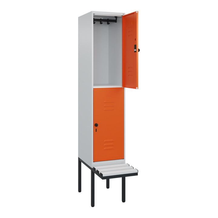 C+P Doppelstock-Spind Classic PLUS, Bank, 1 Abteil, 2120x400x815mm, 7035/2004 Verschluss Sicherheits-Drehriegel Sitzbanktyp auskragend Material Sitzfläche Kunststoff
