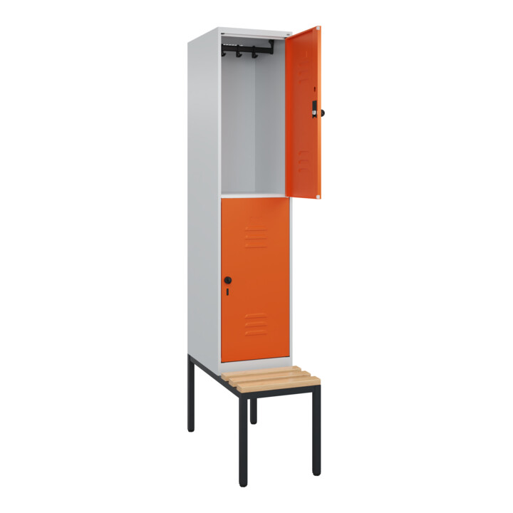 C+P Doppelstock-Spind Classic PLUS, Bank, 1 Abteil, 2120x400x815mm, 7035/2004 Verschluss Sicherheits-Drehriegel Sitzbanktyp untergebaut Material Sitzfläche Buche-Hartholz