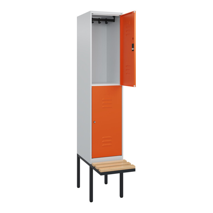 C+P Doppelstock-Spind Classic PLUS, Bank, 1 Abteil, 2120x400x815mm, 7035/2004 Verschluss Zylinderschloss Sitzbanktyp auskragend Material Sitzfläche Buche-Hartholz