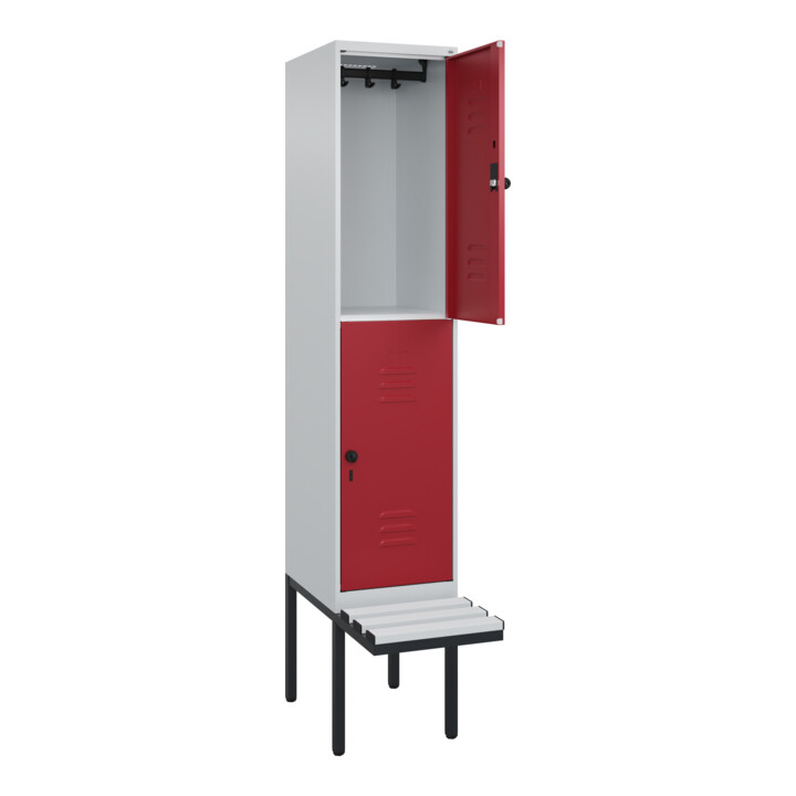C+P Doppelstock-Spind Classic PLUS, Bank, 1 Abteil, 2120x400x815mm, 7035/3003 Verschluss Sicherheits-Drehriegel Sitzbanktyp auskragend Material Sitzfläche Kunststoff