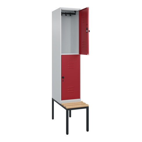 C+P Doppelstock-Spind Classic PLUS, Bank, 1 Abteil, 2120x400x815mm, 7035/3003 Verschluss Sicherheits-Drehriegel Sitzbanktyp untergebaut Material Sitzfläche Buche-Hartholz