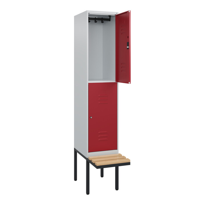 C+P Doppelstock-Spind Classic PLUS, Bank, 1 Abteil, 2120x400x815mm, 7035/3003 Verschluss Zylinderschloss Sitzbanktyp auskragend Material Sitzfläche Buche-Hartholz
