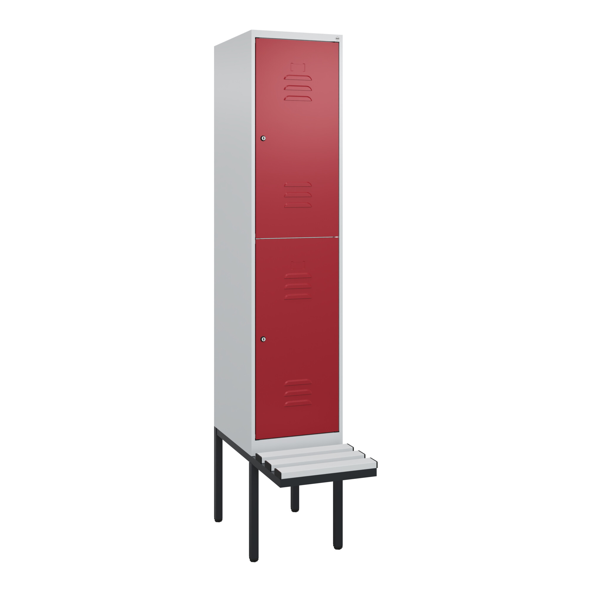 C+P Doppelstock-Spind Classic PLUS, Bank, 1 Abteil, 2120x400x815mm, 7035/3003 Verschluss Zylinderschloss Sitzbanktyp auskragend Material Sitzfläche Ku