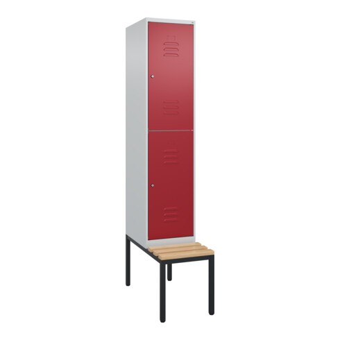 C+P Doppelstock-Spind Classic PLUS, Bank, 1 Abteil, 2120x400x815mm, 7035/3003 Verschluss Zylinderschloss Sitzbanktyp untergebaut Material Sitzfläche Buche-Hartholz