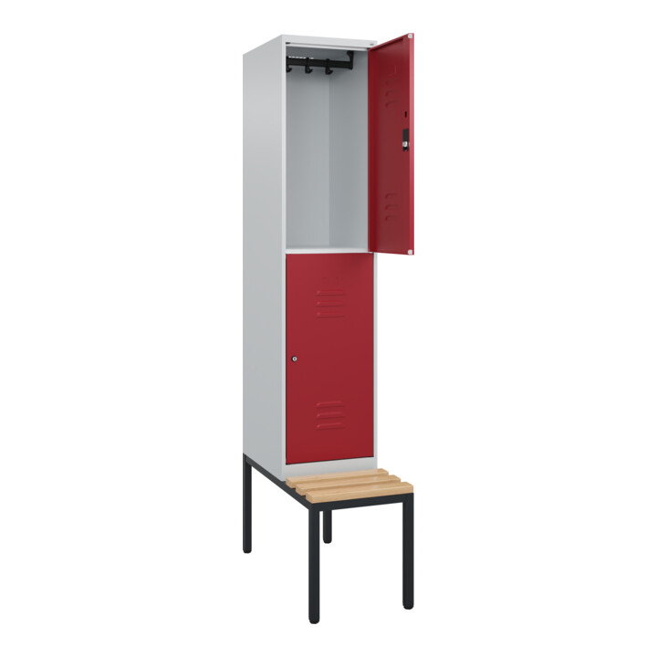 C+P Doppelstock-Spind Classic PLUS, Bank, 1 Abteil, 2120x400x815mm, 7035/3003 Verschluss Zylinderschloss Sitzbanktyp untergebaut Material Sitzfläche Buche-Hartholz