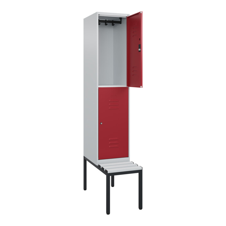 C+P Doppelstock-Spind Classic PLUS, Bank, 1 Abteil, 2120x400x815mm, 7035/3003 Verschluss Zylinderschloss Sitzbanktyp untergebaut Material Sitzfläche Kunststoff