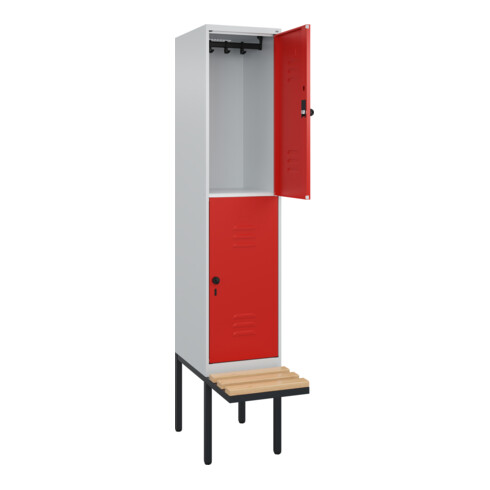 C+P Doppelstock-Spind Classic PLUS, Bank, 1 Abteil, 2120x400x815mm, 7035/3020 Verschluss Sicherheits-Drehriegel Sitzbanktyp auskragend Material Sitzfläche Buche-Hartholz