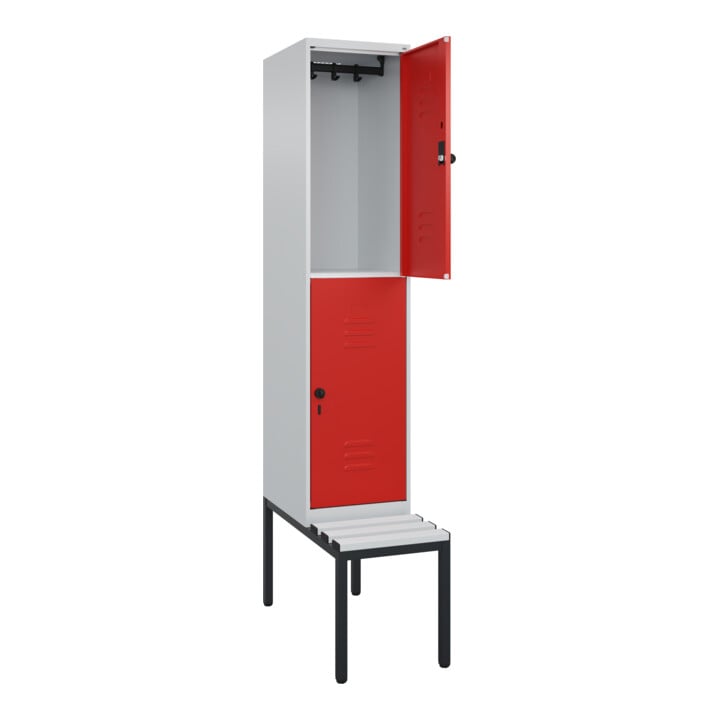 C+P Doppelstock-Spind Classic PLUS, Bank, 1 Abteil, 2120x400x815mm, 7035/3020 Verschluss Sicherheits-Drehriegel Sitzbanktyp untergebaut Material Sitzfläche Kunststoff