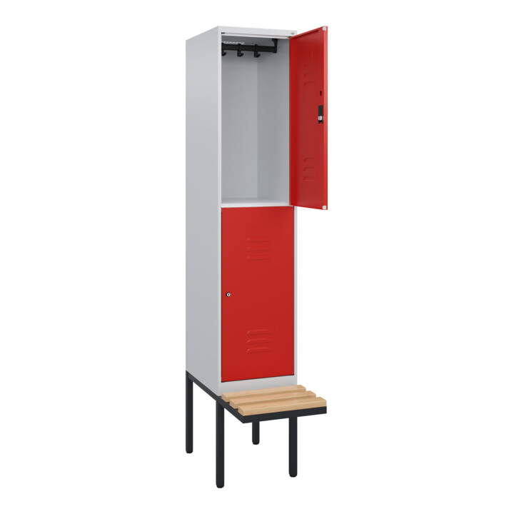C+P Doppelstock-Spind Classic PLUS, Bank, 1 Abteil, 2120x400x815mm, 7035/3020 Verschluss Zylinderschloss Sitzbanktyp auskragend Material Sitzfläche Buche-Hartholz