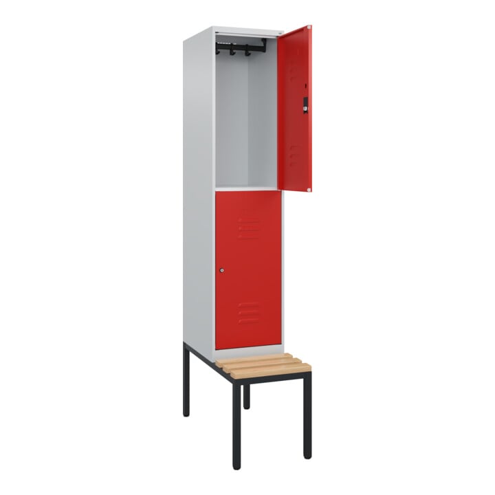 C+P Doppelstock-Spind Classic PLUS, Bank, 1 Abteil, 2120x400x815mm, 7035/3020 Verschluss Zylinderschloss Sitzbanktyp untergebaut Material Sitzfläche Buche-Hartholz