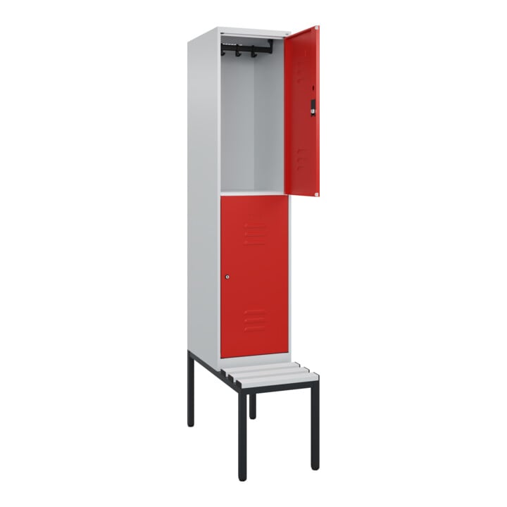 C+P Doppelstock-Spind Classic PLUS, Bank, 1 Abteil, 2120x400x815mm, 7035/3020 Verschluss Zylinderschloss Sitzbanktyp untergebaut Material Sitzfläche Kunststoff
