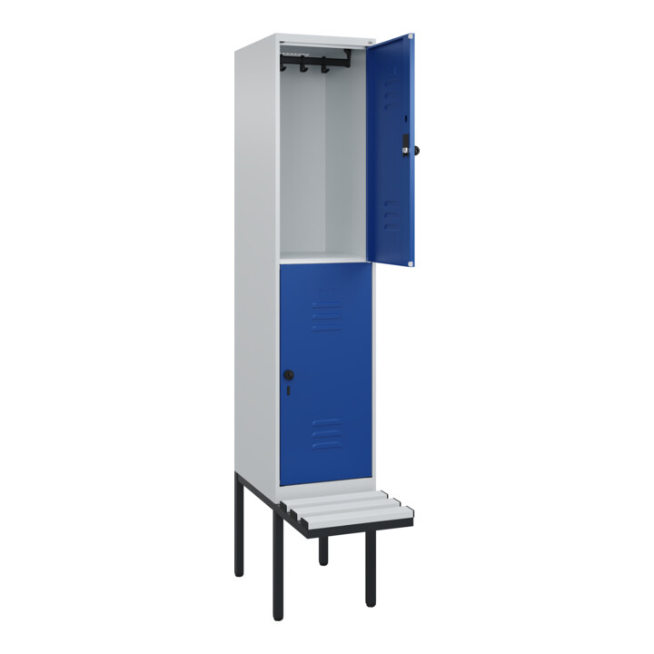 C+P Doppelstock-Spind Classic PLUS, Bank, 1 Abteil, 2120x400x815mm, 7035/5010 Verschluss Sicherheits-Drehriegel Sitzbanktyp auskragend Material Sitzfläche Kunststoff