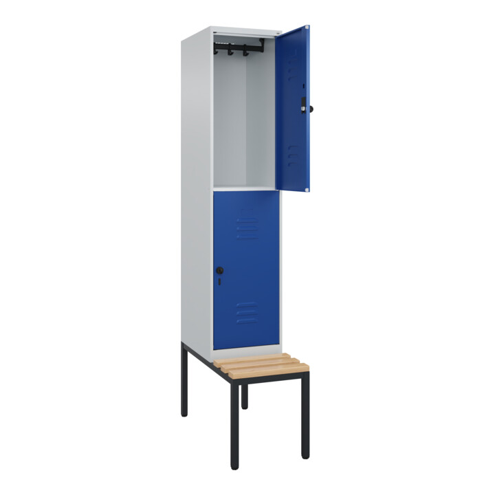 C+P Doppelstock-Spind Classic PLUS, Bank, 1 Abteil, 2120x400x815mm, 7035/5010 Verschluss Sicherheits-Drehriegel Sitzbanktyp untergebaut Material Sitzfläche Buche-Hartholz
