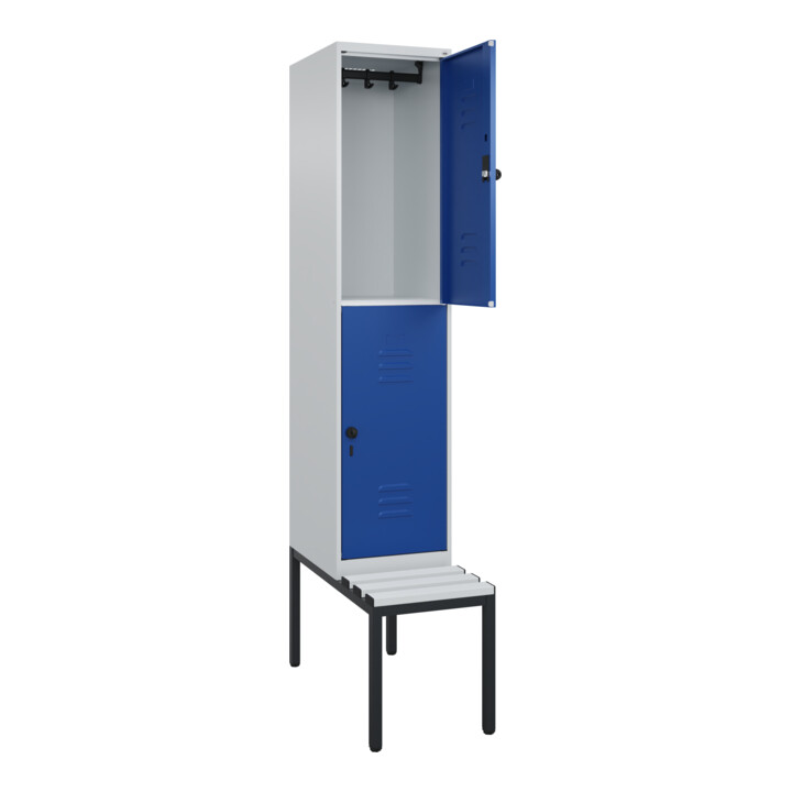 C+P Doppelstock-Spind Classic PLUS, Bank, 1 Abteil, 2120x400x815mm, 7035/5010 Verschluss Sicherheits-Drehriegel Sitzbanktyp untergebaut Material Sitzfläche Kunststoff
