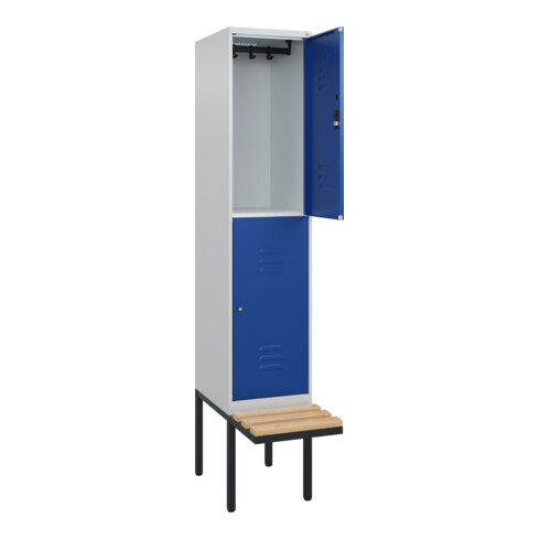C+P Doppelstock-Spind Classic PLUS, Bank, 1 Abteil, 2120x400x815mm, 7035/5010 Verschluss Zylinderschloss Sitzbanktyp auskragend Material Sitzfläche Buche-Hartholz
