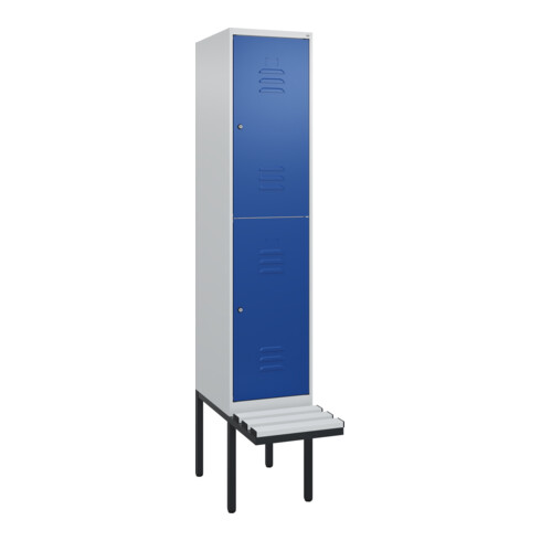 C+P Doppelstock-Spind Classic PLUS, Bank, 1 Abteil, 2120x400x815mm, 7035/5010 Verschluss Zylinderschloss Sitzbanktyp auskragend Material Sitzfläche Kunststoff