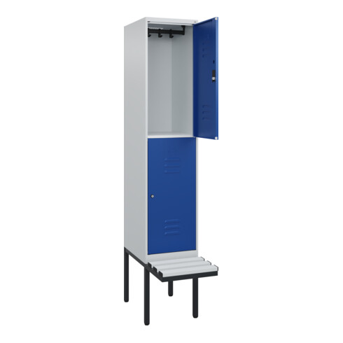 C+P Doppelstock-Spind Classic PLUS, Bank, 1 Abteil, 2120x400x815mm, 7035/5010 Verschluss Zylinderschloss Sitzbanktyp auskragend Material Sitzfläche Kunststoff