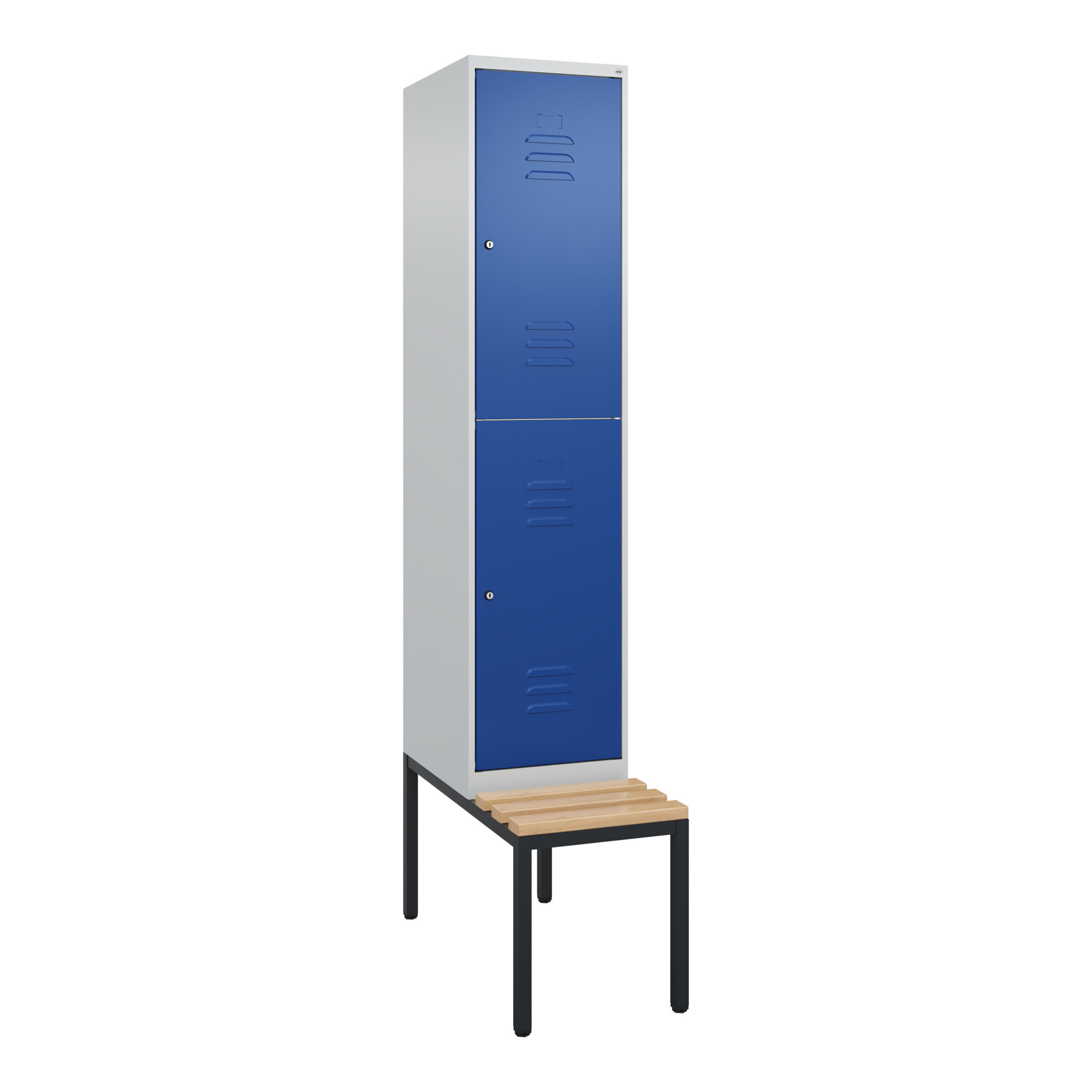 C+P Doppelstock-Spind Classic PLUS, Bank, 1 Abteil, 2120x400x815mm, 7035/5010 Verschluss Zylinderschloss Sitzbanktyp untergebaut Material Sitzfläche B
