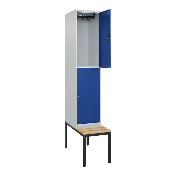 C+P Doppelstock-Spind Classic PLUS, Bank, 1 Abteil, 2120x400x815mm, 7035/5010 Verschluss Zylinderschloss Sitzbanktyp untergebaut Material Sitzfläche Buche-Hartholz