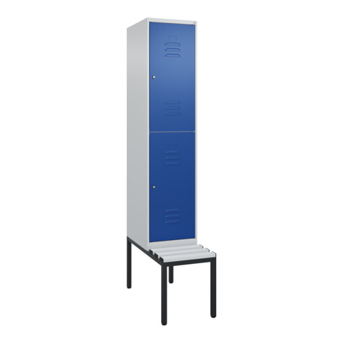 C+P Doppelstock-Spind Classic PLUS, Bank, 1 Abteil, 2120x400x815mm, 7035/5010 Verschluss Zylinderschloss Sitzbanktyp untergebaut Material Sitzfläche Kunststoff
