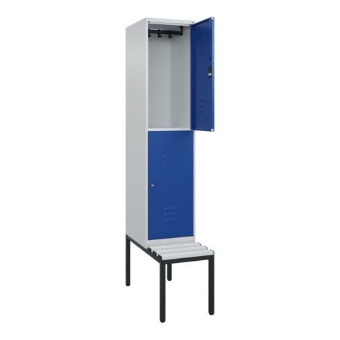 C+P Doppelstock-Spind Classic PLUS, Bank, 1 Abteil, 2120x400x815mm, 7035/5010 Verschluss Zylinderschloss Sitzbanktyp untergebaut Material Sitzfläche Kunststoff