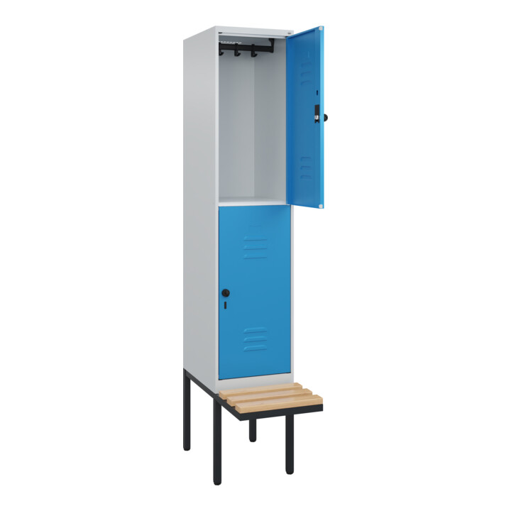 C+P Doppelstock-Spind Classic PLUS, Bank, 1 Abteil, 2120x400x815mm, 7035/5012 Verschluss Sicherheits-Drehriegel Sitzbanktyp auskragend Material Sitzfläche Buche-Hartholz