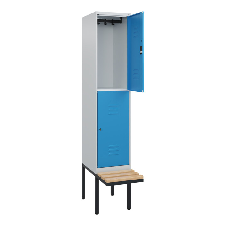 C+P Doppelstock-Spind Classic PLUS, Bank, 1 Abteil, 2120x400x815mm, 7035/5012 Verschluss Zylinderschloss Sitzbanktyp auskragend Material Sitzfläche Buche-Hartholz