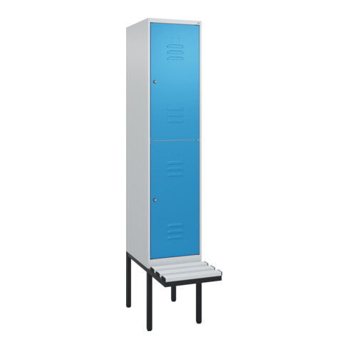 C+P Doppelstock-Spind Classic PLUS, Bank, 1 Abteil, 2120x400x815mm, 7035/5012 Verschluss Zylinderschloss Sitzbanktyp auskragend Material Sitzfläche Kunststoff