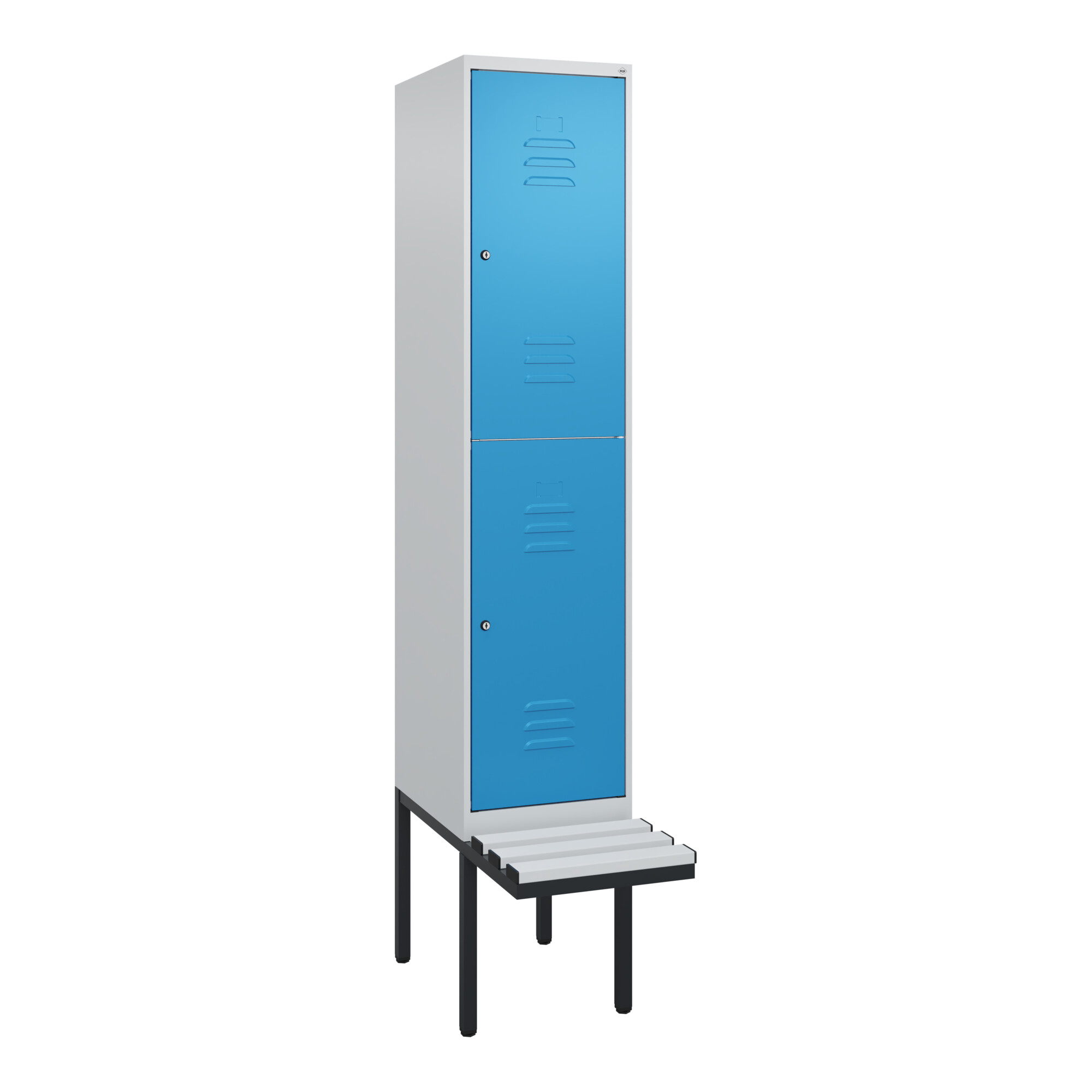 C+P Doppelstock-Spind Classic PLUS, Bank, 1 Abteil, 2120x400x815mm, 7035/5012 Verschluss Zylinderschloss Sitzbanktyp auskragend Material Sitzfläche Ku