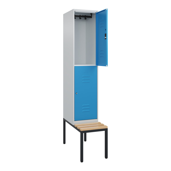 C+P Doppelstock-Spind Classic PLUS, Bank, 1 Abteil, 2120x400x815mm, 7035/5012 Verschluss Zylinderschloss Sitzbanktyp untergebaut Material Sitzfläche Buche-Hartholz