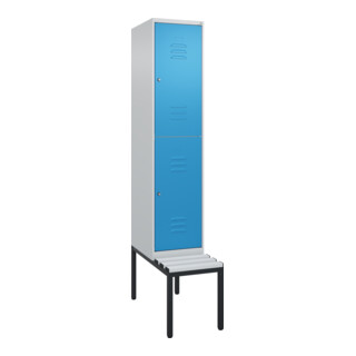 C+P Doppelstock-Spind Classic PLUS, Bank, 1 Abteil, 2120x400x815mm, 7035/5012 Verschluss Zylinderschloss Sitzbanktyp untergebaut Material Sitzfläche Kunststoff