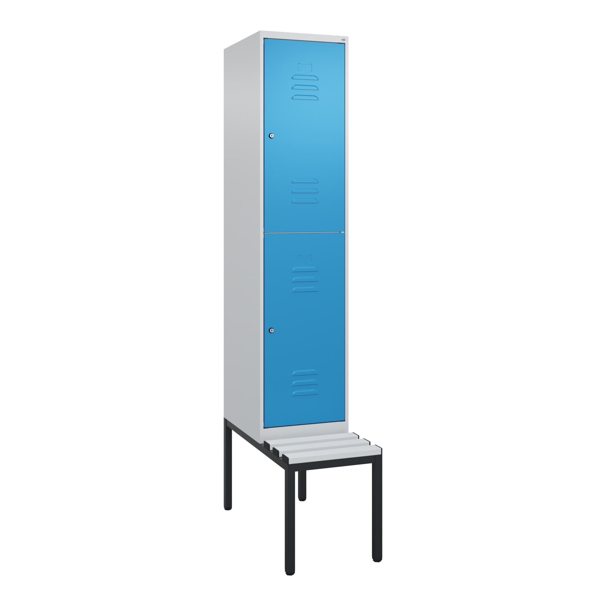 C+P Doppelstock-Spind Classic PLUS, Bank, 1 Abteil, 2120x400x815mm, 7035/5012 Verschluss Zylinderschloss Sitzbanktyp untergebaut Material Sitzfläche K