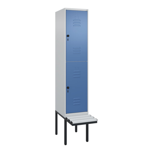 C+P Doppelstock-Spind Classic PLUS, Bank, 1 Abteil, 2120x400x815mm, 7035/5023 Verschluss Sicherheits-Drehriegel Sitzbanktyp auskragend Material Sitzfläche Kunststoff