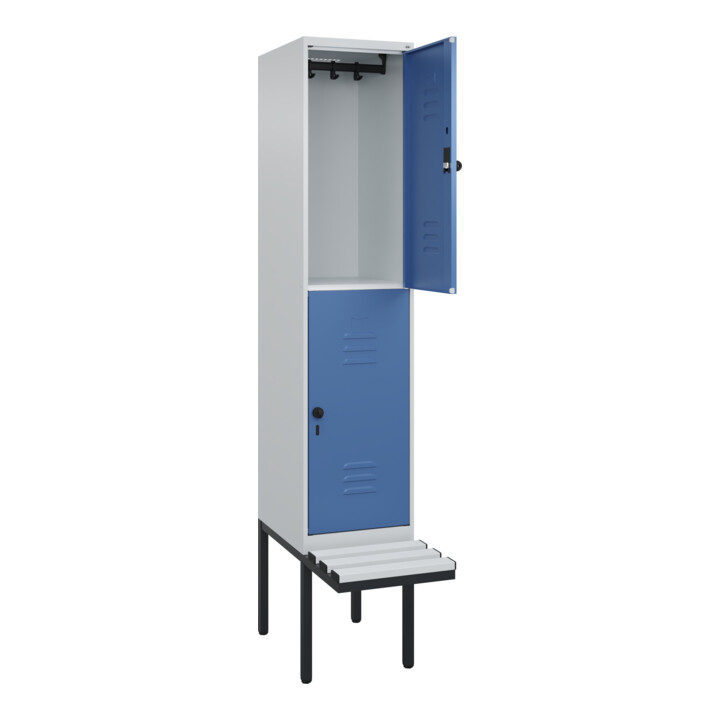 C+P Doppelstock-Spind Classic PLUS, Bank, 1 Abteil, 2120x400x815mm, 7035/5023 Verschluss Sicherheits-Drehriegel Sitzbanktyp auskragend Material Sitzfläche Kunststoff