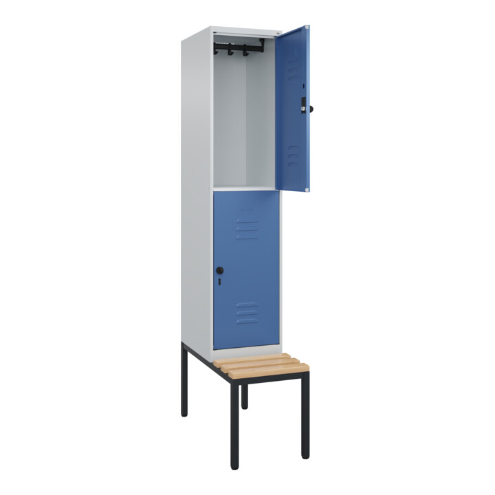 C+P Doppelstock-Spind Classic PLUS, Bank, 1 Abteil, 2120x400x815mm, 7035/5023 Verschluss Sicherheits-Drehriegel Sitzbanktyp untergebaut Material Sitzfläche Buche-Hartholz