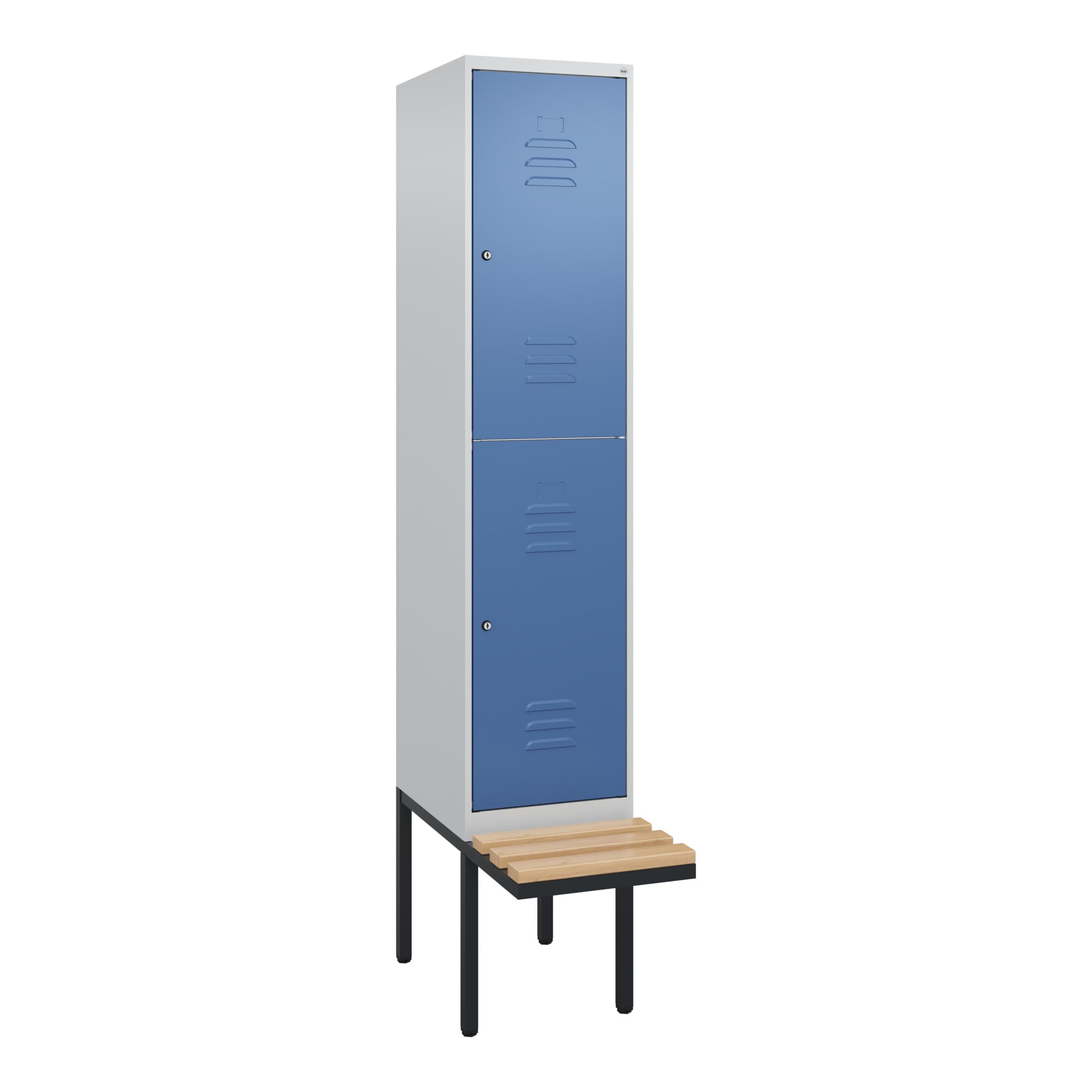C+P Doppelstock-Spind Classic PLUS, Bank, 1 Abteil, 2120x400x815mm, 7035/5023 Verschluss Zylinderschloss Sitzbanktyp auskragend Material Sitzfläche Bu