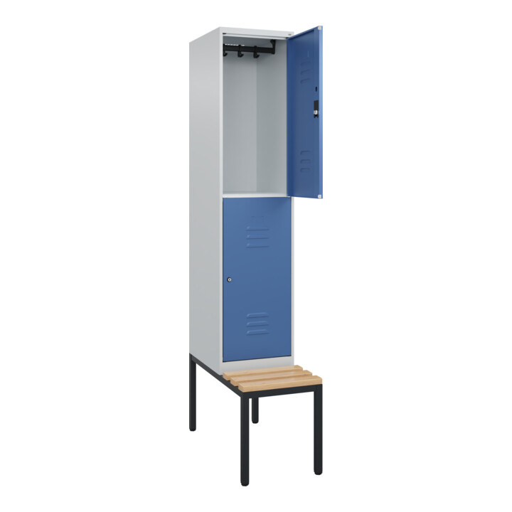 C+P Doppelstock-Spind Classic PLUS, Bank, 1 Abteil, 2120x400x815mm, 7035/5023 Verschluss Zylinderschloss Sitzbanktyp untergebaut Material Sitzfläche Buche-Hartholz