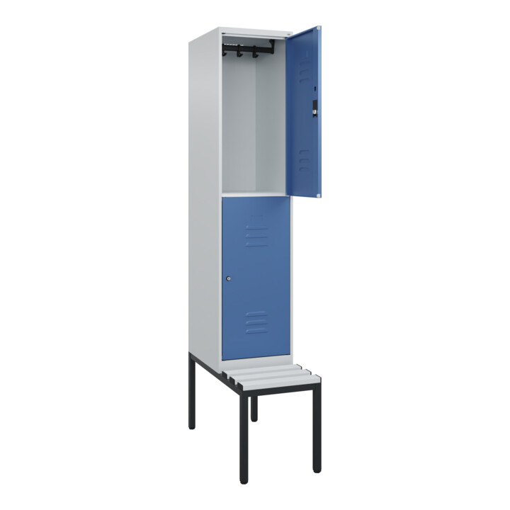 C+P Doppelstock-Spind Classic PLUS, Bank, 1 Abteil, 2120x400x815mm, 7035/5023 Verschluss Zylinderschloss Sitzbanktyp untergebaut Material Sitzfläche Kunststoff